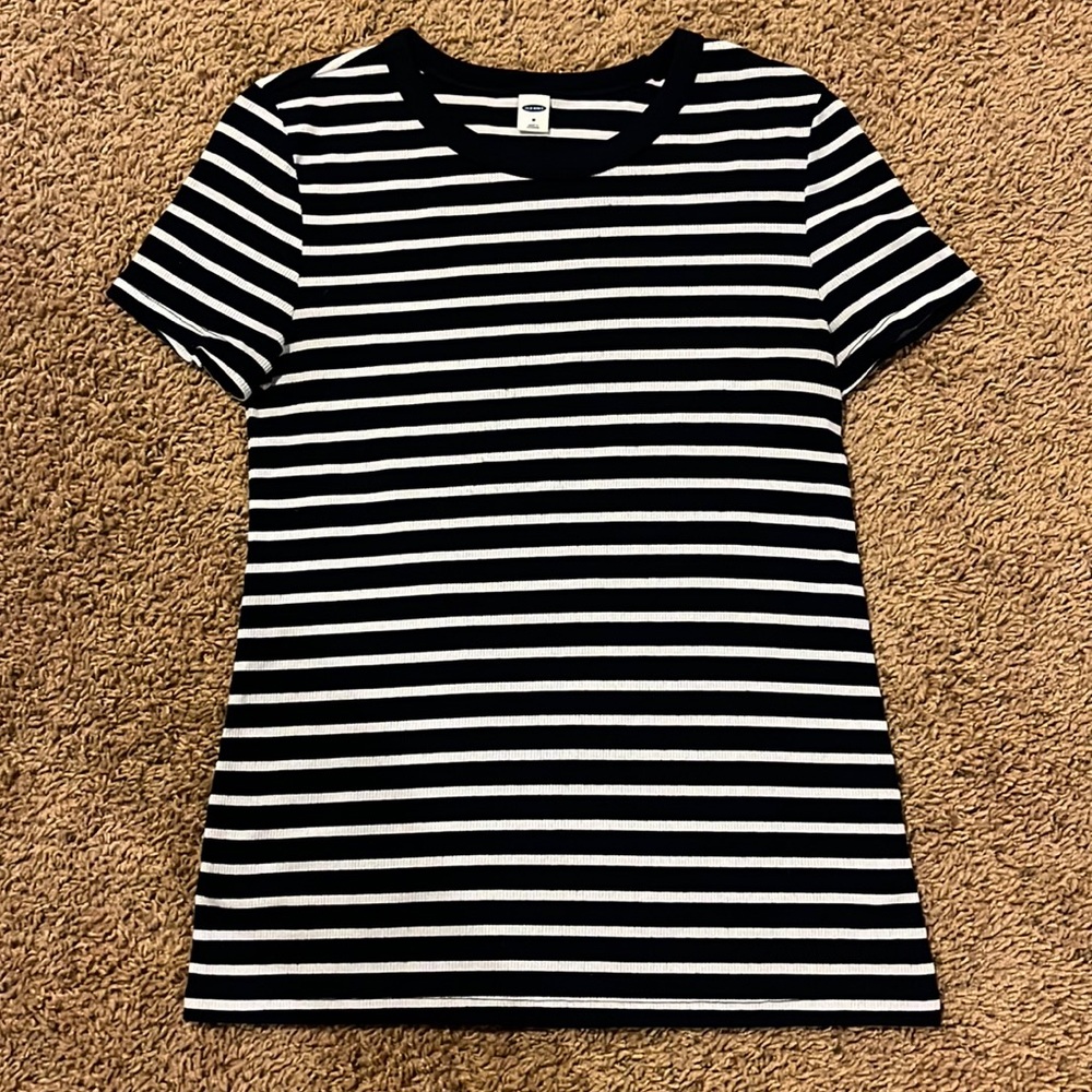 Old Navy, navy blue and white stripped short sleeve shirt, medium